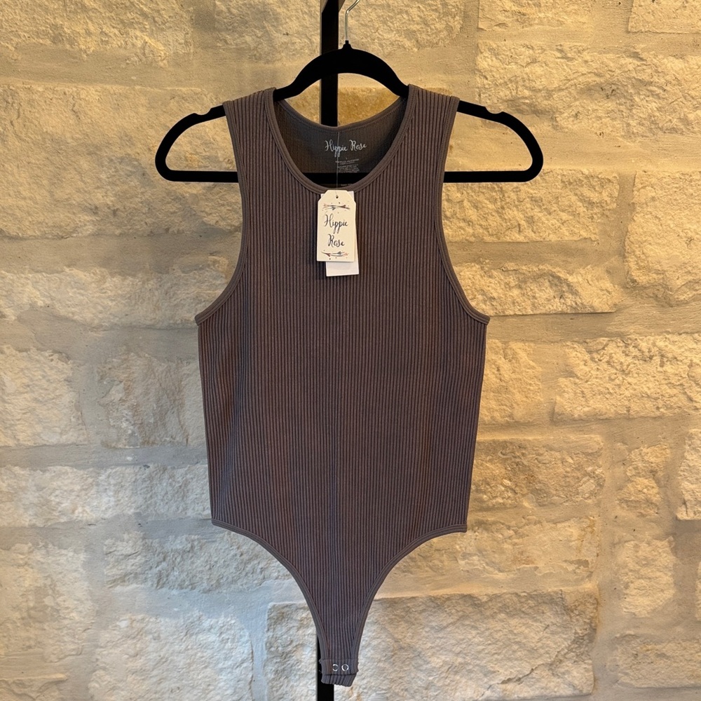 Hippie Rose- Women’s  Ribbed Sleeveless Bodysuit in Brown